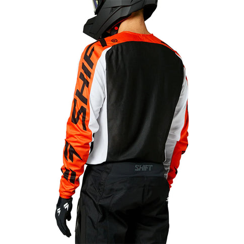 Shift WHIT3 Label Fade Jersey MX jersey in black, white, and orange with a stylish fade design for motocross riding.