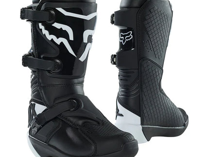 Black FOX COMP Youth MX Boots, durable motocross footwear with protective features, designed for young riders.