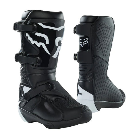 Black FOX COMP Youth MX Boots, durable motocross footwear with protective features, designed for young riders.