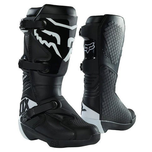 Black FOX COMP women's MX boots showing rugged leather exterior and secure strap closures for motocross riding.