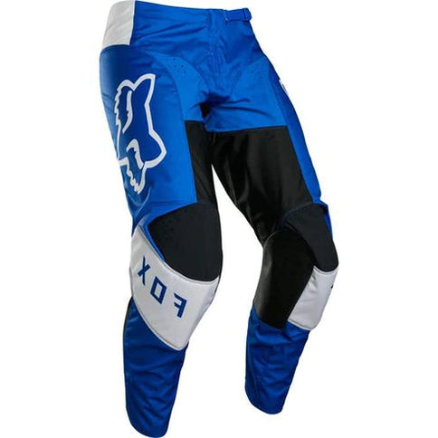 Blue FOX MX Youth Pants with 180 Lux padding, designed for motocross riding, featuring durable fabric and adjustable waist.