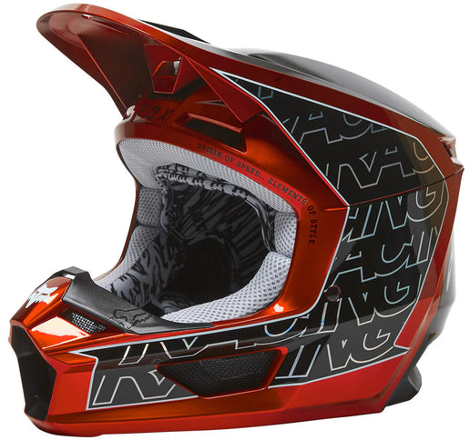 Youth red V1 PERIL MX helmet by FOX with a sleek design and adjustable straps, perfect for motocross riders.