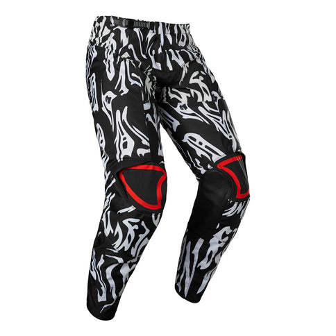 Black and red FOX 180 PERIL Youth MX pants with reinforced knees and adjustable waist for motocross riding.
