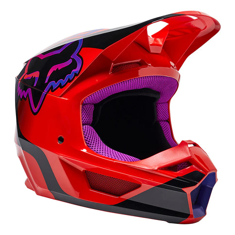 Youth FOX V1 VENZ MX helmet in vibrant FLO RED with adjustable strap and ventilation for motocross riding.