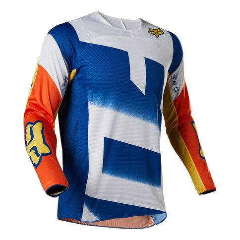 FOX 360 Rkane MX jersey in orange and blue, lightweight motocross jersey with bold color blocking and brand logo.