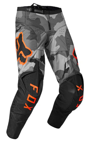 FOX 180 Bnkr MX Pants in grey camo, rugged motocross pants with reinforced knees and adjustable waist for motocross riding.