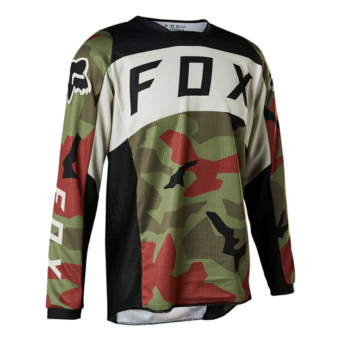 FOX180 BNKR youth motocross jersey in green and camo, featuring lightweight fabric and sporty design for young riders.