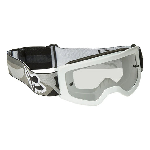 FOX Youth Main BNKR Goggle Spark MX goggles in black camo with clear lens and adjustable strap for motocross riding.