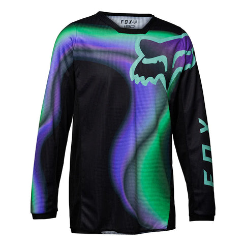 Black FOX 180 TOXSYK youth MX jersey with bold design, lightweight fabric, and comfortable fit for motocross riding.