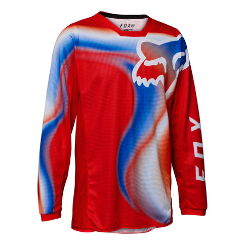 Red FOX180 TOXSYK youth MX jersey with bold graphics and breathable fabric, designed for motocross riders.
