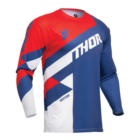 THOR SECTOR Checker MX jersey in navy and red with bold graphic design, designed for motocross riding.