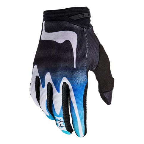 Fox Kozmik MX gloves in black and white with padded palms and flexible finger zones for motocross riding.