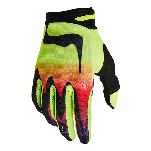 FOX KOZMIK FLO YELLOW MX gloves with padded palms and adjustable wrist straps for motocross riding comfort.