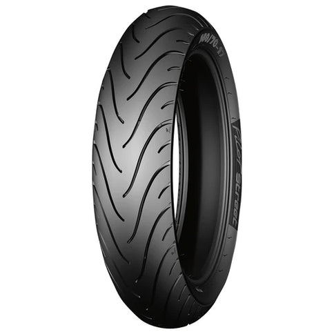 Michelin Pilot Street 140/70-17 motorcycle tire with tread pattern suitable for street riding on a black motorcycle wheel.
