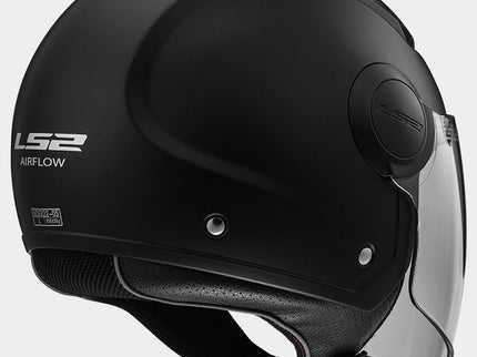 LS2 AIRFLOW open face black road helmet with ventilation and streamlined design for motorcycle riding.