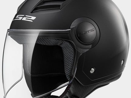 Black LS2 AIRFLOW open face road helmet with vented design and adjustable straps, shown from the front view.