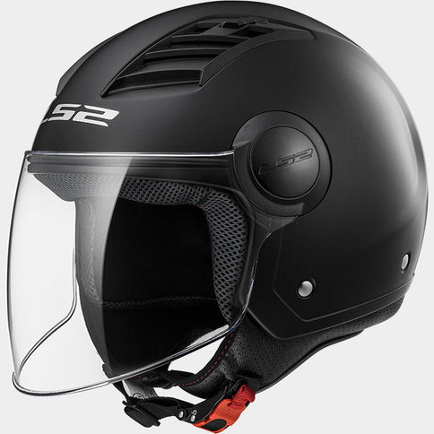 Black LS2 AIRFLOW open face road helmet with vented design and adjustable straps, shown from the front view.