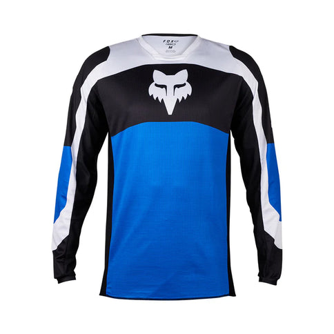 Blue FOX Nitro MX jersey with long sleeves and bold FOX logo, designed for motocross riding.