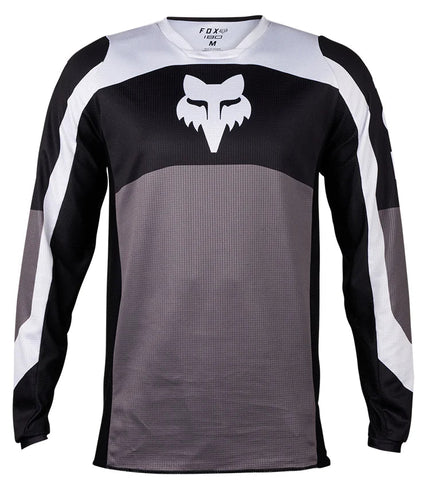 FOX 180 Nitro MX jersey in black and gray, featuring lightweight, breathable fabric and motocross-inspired design details.