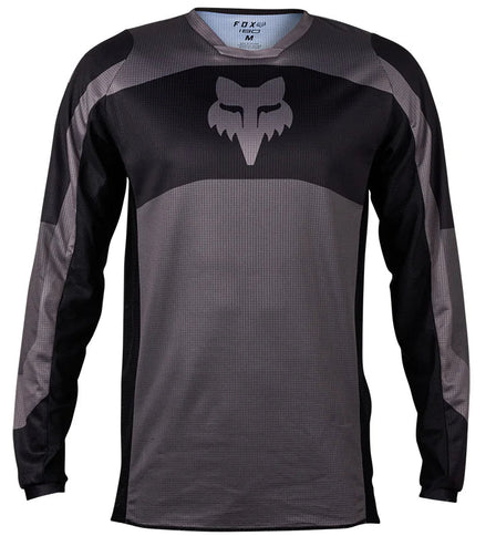 FOX 180 Nitro MX jersey in Dark Shadow with black and gray design, lightweight breathable motocross jersey for riders.