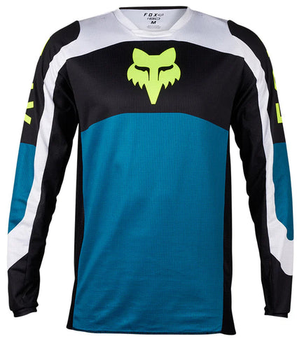 Fox 180 Nitro MX jersey in blue, lightweight breathable motocross jersey with logo and vibrant design for motocross riding.