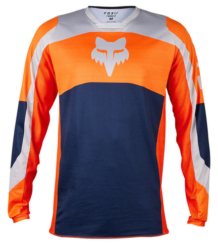 FOX 180 Nitro MX jersey in fluorescent orange featuring lightweight fabric and bold design, ideal for motocross riding.