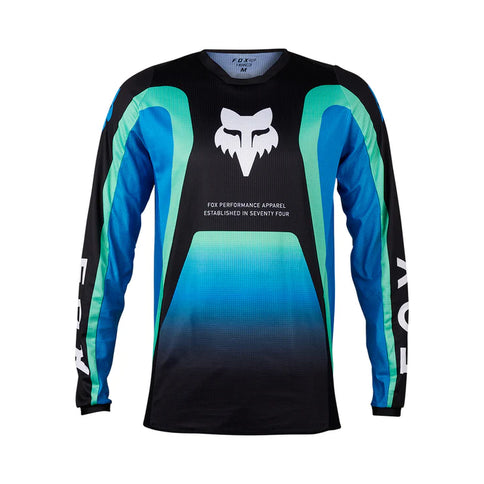 FOX Ballast Jersey MX jersey in black and blue with bold FOX logo, featuring lightweight fabric and athletic fit for motocross riding.