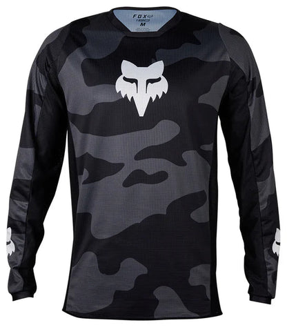 Black camouflage FOX 180 Bnkr MX jersey with long sleeves and breathable fabric for motocross riding.