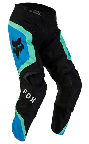 FOX 180 Ballast MX pants in black and blue, featuring durable motocross gear with reinforced knee panels and adjustable waist.