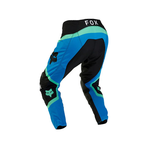 FOX 180 Ballast MX pants in black and blue, showing durable motocross design with reinforced knee areas and adjustable waist.