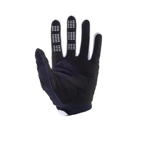 Black FOX 180 FLORA MX gloves with padded palms and adjustable wrist straps for motocross riding.