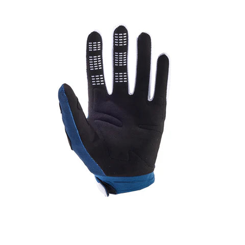 Fox 180 FLORA MX gloves in dark indigo, showing the textured fabric and snug fit for motocross riding.
