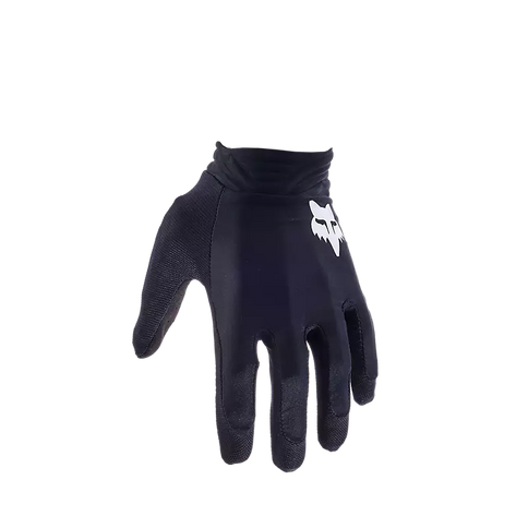 Black FOX Airline MX gloves with padded palms and adjustable wrist straps for motocross riding.