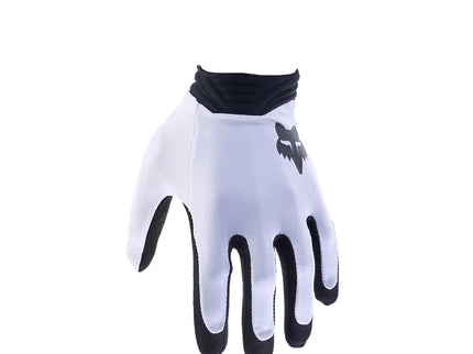 White FOX Airline MX gloves with padded palms and adjustable wrist closures for motocross riding comfort.