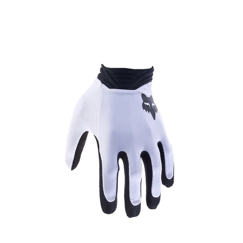 White FOX Airline MX gloves with padded palms and adjustable wrist closures for motocross riding comfort.