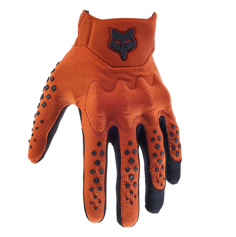 FOX Bomber LT MX Gloves in burnt orange with padded palms and flexible design for motocross riding comfort.