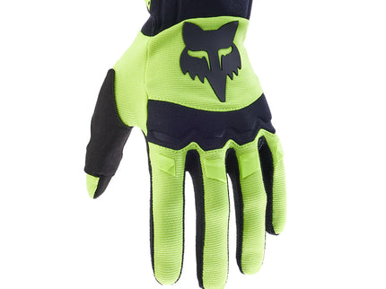 FOX Dirtpaw MX Glove in Flo Yellow with padded knuckles and grip-enhanced palms for motocross riding.
