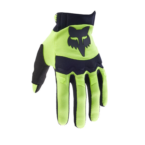 FOX Dirtpaw MX Glove in Flo Yellow with padded knuckles and grip-enhanced palms for motocross riding.