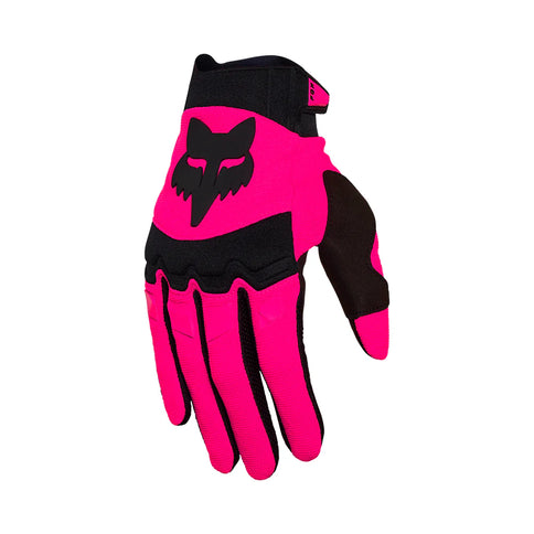 Pink FOX Dirtpaw MX gloves with reinforced palms and adjustable wrist straps, designed for motocross riding.