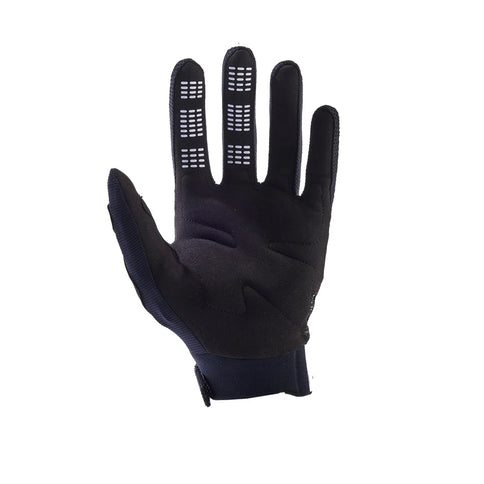 FOX Dirtpaw MX glove in black and white, featuring padded palms and breathable mesh for dirt bike riding comfort.