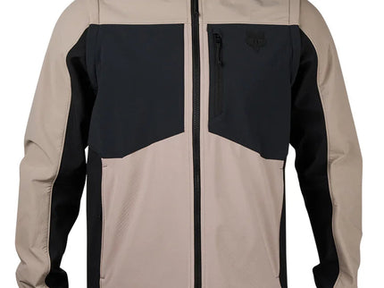 Fox Ranger Offroad Softshell Jacket for adventure, shown in black with a high collar, zip closure, and durable fabric.