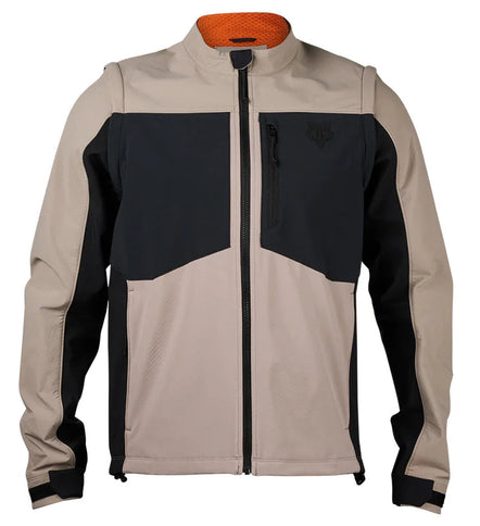 Fox Ranger Offroad Softshell Jacket for adventure, shown in black with a high collar, zip closure, and durable fabric.