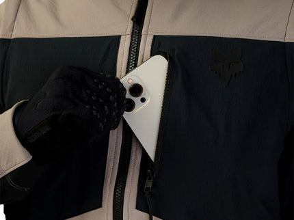FOX Ranger Offroad Softshell Jacket for adventure, shown in dark color with rugged design and zippered pockets.