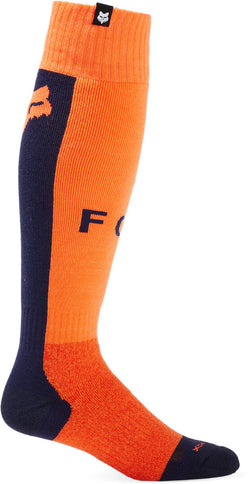 FOX 360 CORE MX Socks in navy and orange with reinforced cushioning and breathable fabric for motocross riding comfort.