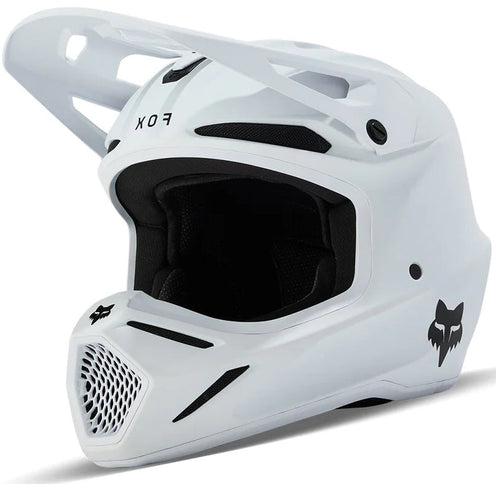 White FOX V3 MX helmet with adjustable straps and ventilation, designed for motocross riders.