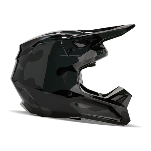 FOX V1 BNKR MX helmet in black and camo, featuring a sleek design with ventilation and padded interior for motocross riding.