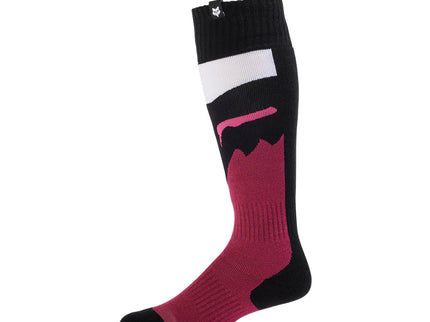 Fox 180 Flora women's MX socks in black and pink with breathable fabric and comfortable fit for motocross riding.