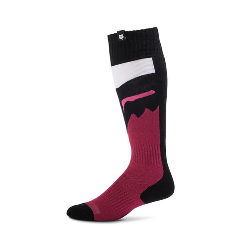 Fox 180 Flora women's MX socks in black and pink with breathable fabric and comfortable fit for motocross riding.