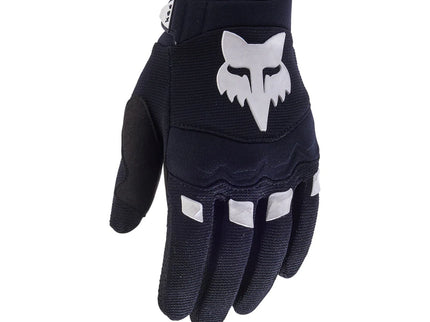 Black FOX Dirtpaw Youth MX glove showing padded palm and adjustable wrist strap for motocross riding comfort.