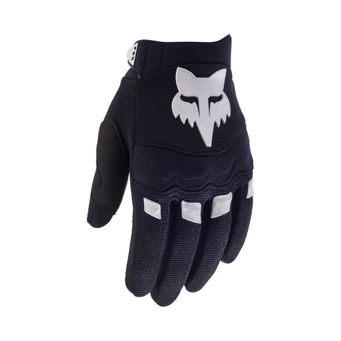 Black FOX Dirtpaw Youth MX glove showing padded palm and adjustable wrist strap for motocross riding comfort.